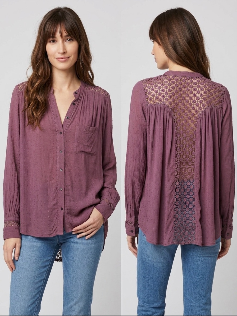 Free People Mauve Crochet Lace Back Lightweight Button Front Blouse
